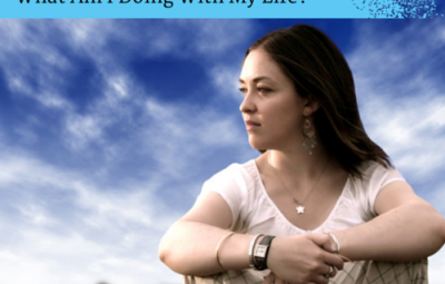 Woman sat thinking below blue clouds with the quote "what am I doing with my life?"