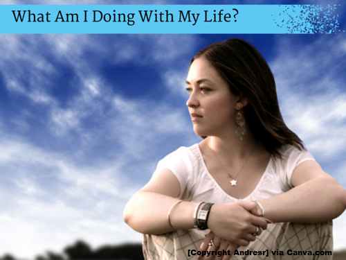 Woman sat thinking below blue clouds with the quote "what am I doing with my life?"